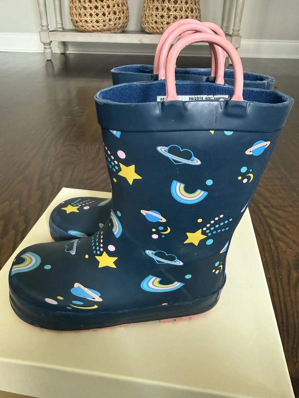 Tucker + Tate Navy Kids Space & Rainbow Rain Boots with Pink Pull Tabs- size 9